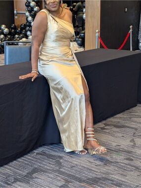 One-Shoulder Gold Evening Gown with Side Slit